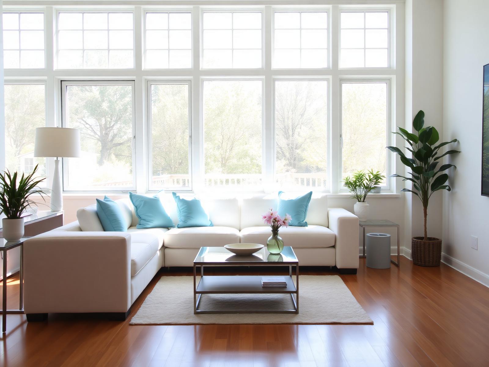 Bright, sunlit clean living room with baby blue accents